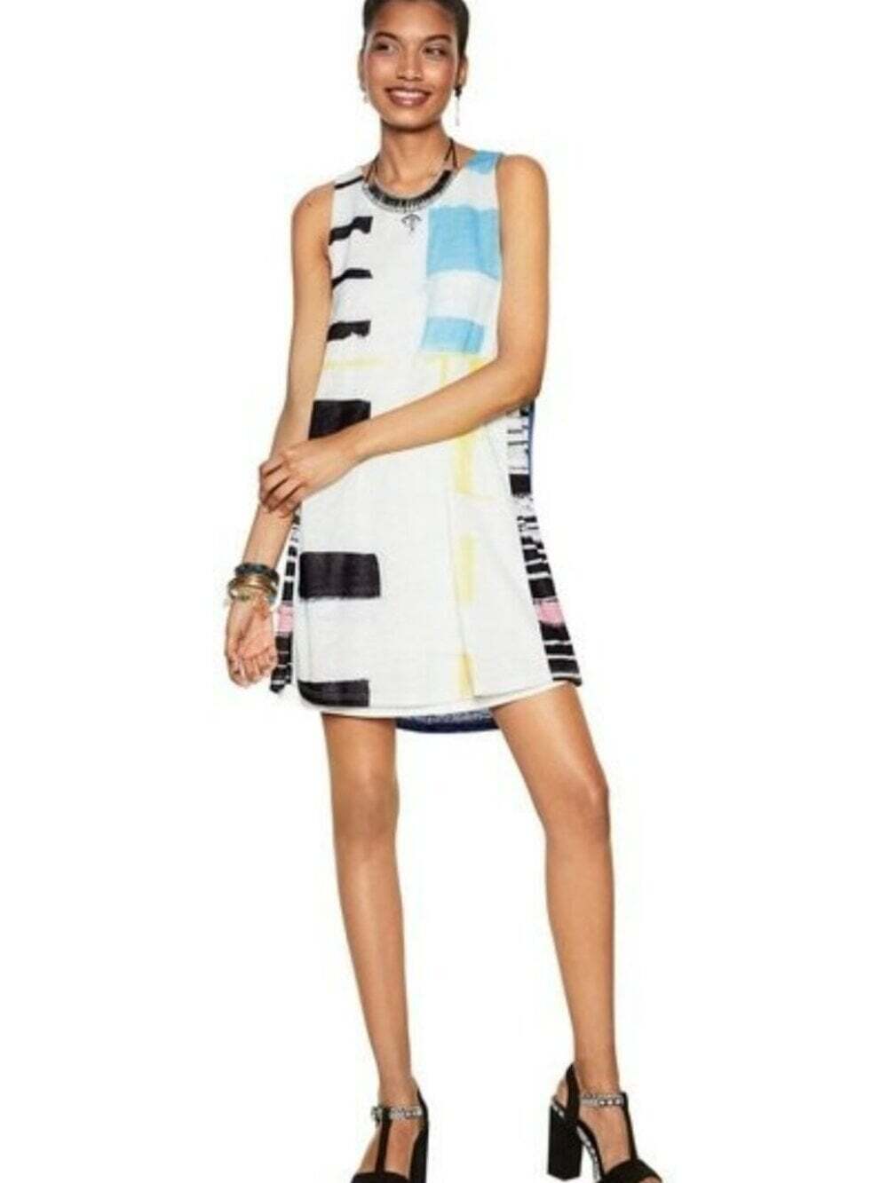 Desigual Colorblock Brushstroke A Line Dress Medium White Black Blue Bohemian